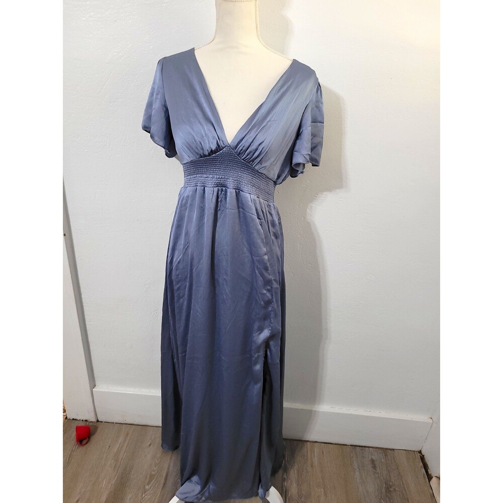 Baltic Born Blue V-Neck Smocked Waist Flutter Sleeve Maxi Dress Women Size S